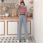 Striped Knit Top / Wide-leg Jeans