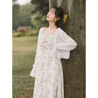 Light Chiffon Jacket / Spaghetti Strap Floral Print A-line Midi Dress