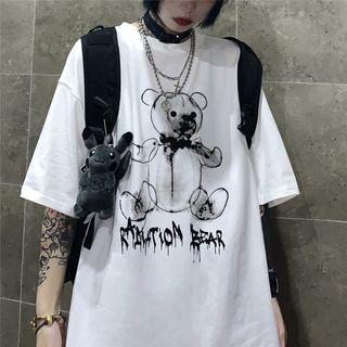 Couple Matching Elbow-sleeve Bear Print T-shirt White - One Size