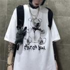 Couple Matching Elbow-sleeve Bear Print T-shirt White - One Size