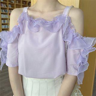 Short-sleeve Off-shoulder Ruffle-trim Top