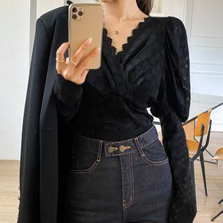 Mutton-sleeve Lace Wrap Crop Top