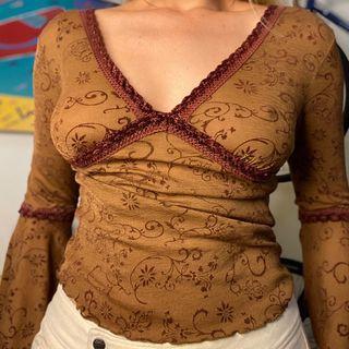 Printed Ruffle Trim Lace Top
