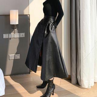 Faux Leather High-waist Midi A-line Skirt