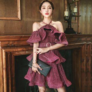 Off-shoulder Ruffle Halter Dress With Belt