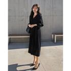 Puff-sleeve Belted Pleated Long Dress