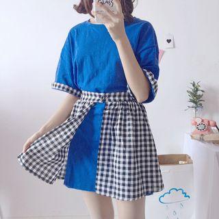 Set: Plaid Panel Elbow-sleeve T-shirt Dress + Plaid Mini Skirt