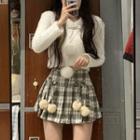 Pom Pom Knit Crop Top / Plaid Pleated Mini Skirt