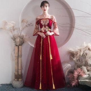 Embellished Off-shoulder Bell-sleeve A-line Evening Gown