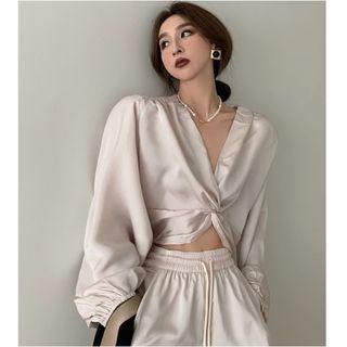 Long-sleeve Twist Crop Top / Drawstring Pants