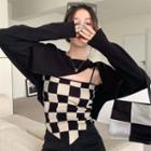 Asymmetrical Cropped Sweater / Checkered Camisole Top