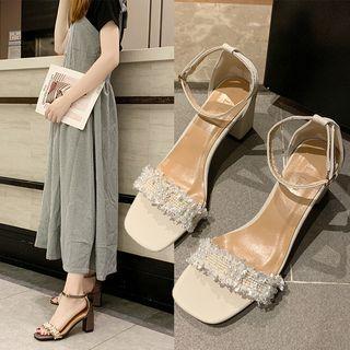 Tweed Faux Pearl Chunky Heel Sandals