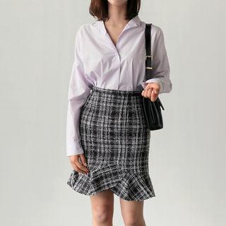 Open-placket Slit-side Blouse