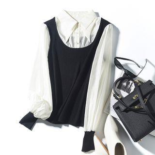 Mock Two-piece Knit Panel Puff-sleeve Blouse Black & White - One Size