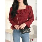 Off-shoulder Shirred-trim Dotted Blouse