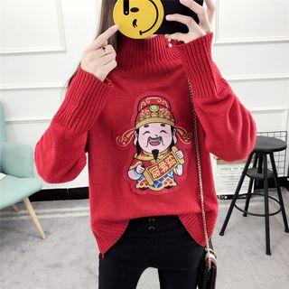Applique Mock-neck Sweater Red - One Size