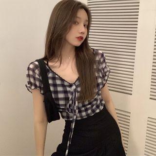Cap-sleeve Plaid Top Gingham - Black & White - One Size