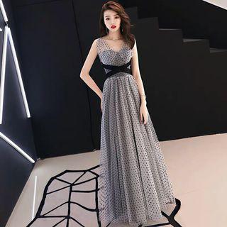 Sleeveless Polka Dot A-line Evening Gown