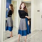 Set: Plain Long Sleeve T-shirt + Color Panel Midi Skirt