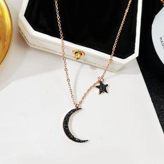 Rhinestone Moon & Star Pendant Necklace As Shown In Figure - One Size