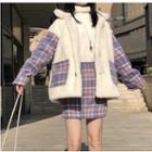 Faux Shearling Plaid Buttoned Jacket / Mini Fitted Skirt