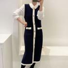 Contrast Trim Button-up Vest / Turtleneck Top