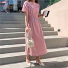 Round-neck Linen Blend Long Dress Pink - One Size
