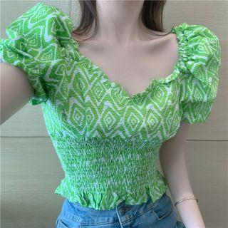 Off-shoulder Smocked Waist Patterned Crop Top