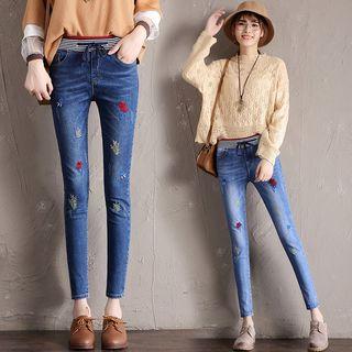 Embroidered Drawstring Slim Fit Jeans