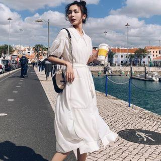 Short Puff Sleeve Tie-waist Chiffon Shirtdress