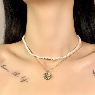 Alloy Disc Pendant Faux Pearl Layered Choker Gold - One Size