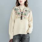 Embroidered Mock Neck Dip Back Sweater As Shown In Figure - One Size