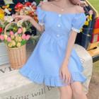 Puff-sleeve Ruffle A-line Dress Blue - One Size