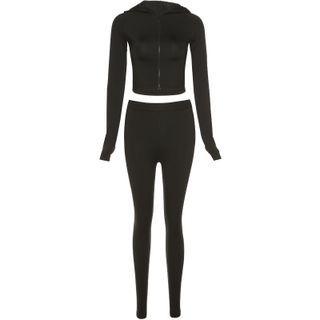 Set: Plain Cropped Zip-up Hoodie + Leggings