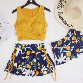 Set: Wrap Tankini Top + Flower Print Swim Skirt + Swim Shorts