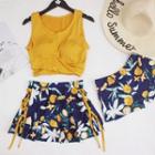 Set: Wrap Tankini Top + Flower Print Swim Skirt + Swim Shorts