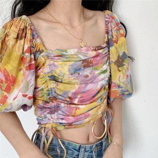 Puff-sleeve Floral Print Ruched Crop Top As Shown In Figure - One Size