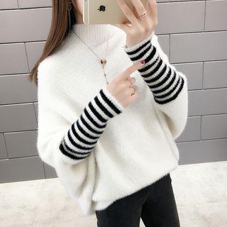 Striped Batwing-sleeve Mock Neck Sweater