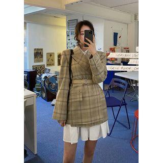 Peaked-lapel Plaid Blazer Beige - One Size