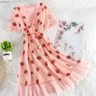 Short-sleeve V-neck Mesh Strawberry Sequin Ruffle Maxi Dress