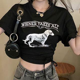 Short-sleeve Dog Print Drawstring T-shirt