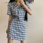 Set: Short-sleeve Plaid Top + Skirt Top & Skirt - Plaid - As Shown In Figure - One Size