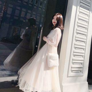 Bell-sleeve Midi Mesh Dress Almond - One Size