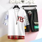 Set: Plaid Panel Elbow-sleeve T-shirt + Drawstring Shorts