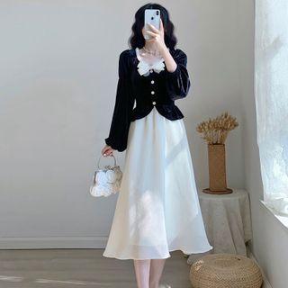 Long-sleeve Bow Midi A-line Velour Dress