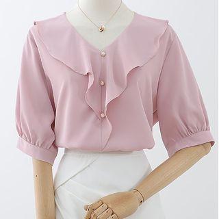Short-sleeve Ruffled Faux Pearl Blouse