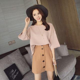 Set: Elbow-sleeve Knit Top + A-line Skirt
