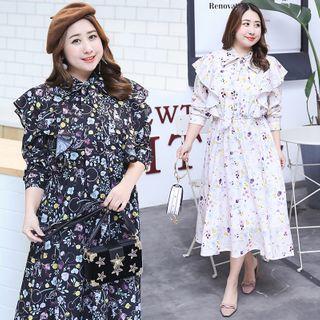 Flower Print Ruffle Long-sleeve Midi A-line Dress