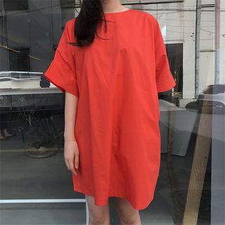 Crew-neck Short-sleeve T-shirt Dress Tangerine Red - One Size