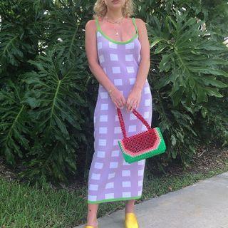 Spaghetti Strap Check Knit Midi Sheath Dress